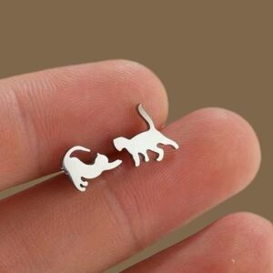 Pouncing Cats Stainless Steel Stud Earrings